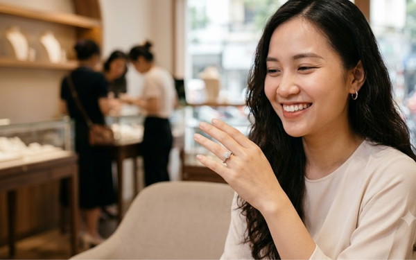 Nụ cười rạng rỡ của khách hàng khi đeo chiếc nhẫn vàng trắng mạ Rhodium lấp lánh trên tay