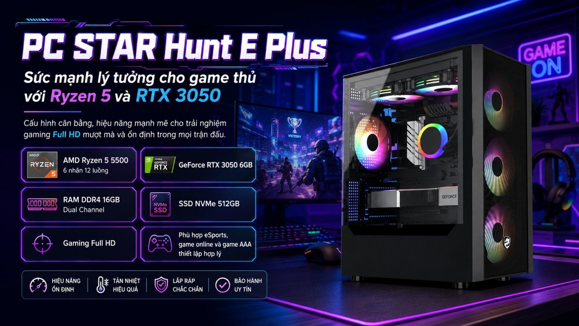 PC Hùng Phát Hunt E Plus - Sức mạnh lý tưởng cho game thủ với Ryzen 5 và RTX 3050