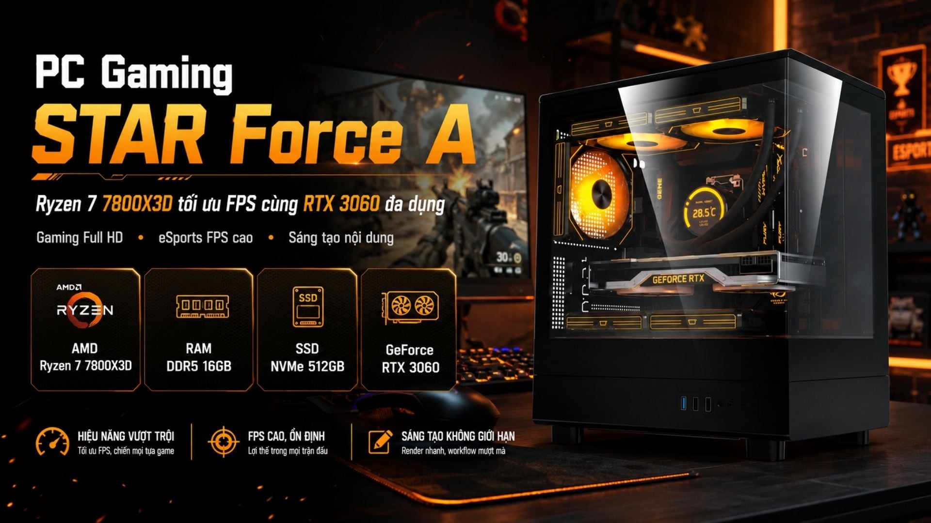PC Gaming Hùng Phát Force A - Ryzen 7 7800X3D tối ưu FPS cùng RTX 3060 đa dụng