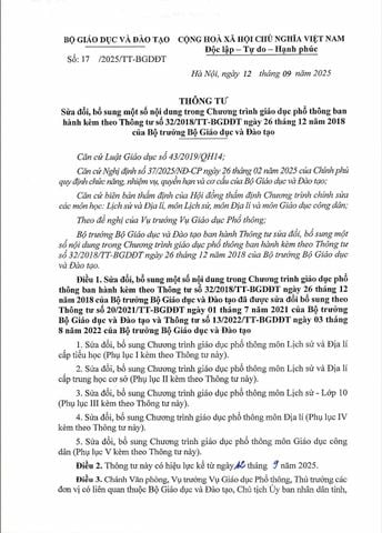 Thông tư sửa đổi, bổ sung một số nội dung trong Chương trình giáo dục phổ thông (ban hành kèm theo Thông tư số 32/2018/TT-BGDĐT ngày 26 tháng 12 năm 2018 của Bộ trưởng Bộ Giáo dục và Đào tạo)