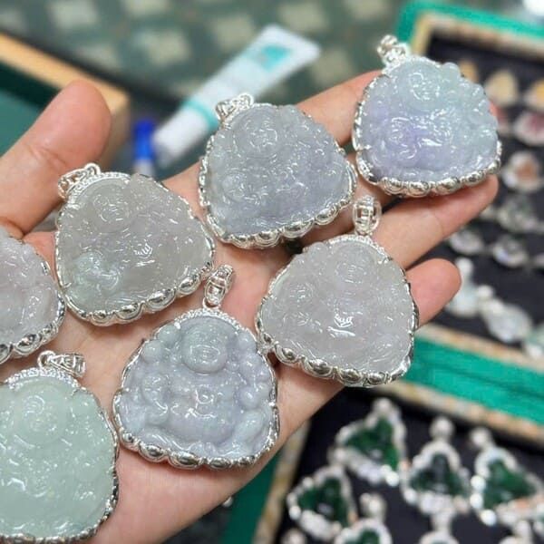 Mặt Phật Di Lặc Bạch Ngọc Bọc Bạc 3.3cm