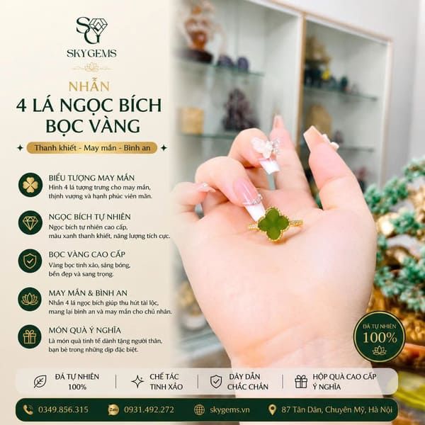 Nhẫn Cỏ 4 Lá Ngọc Bích Bọc Vàng