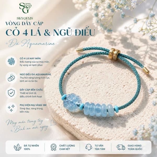 Vòng Tay Cỏ 4 Lá Mix Ngũ Điếu Đá Aquamarine