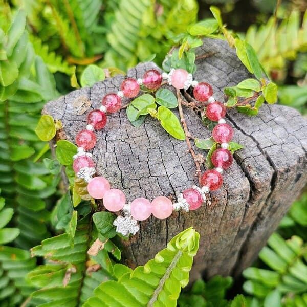 Vòng Tay Đá Thạch Anh Hồng Mix Charm Bạc