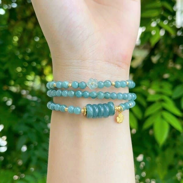 Vòng Tay Lam Ngọc Quấn 3 Mix Ngũ Điếu, Hoa Mai và Charm Bạc Mạ Vàng