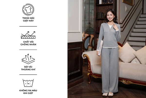 Bộ đồ thu đông nữ cổ V phối vải