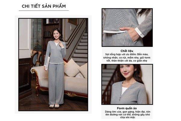 Bộ đồ thu đông nữ cổ V phối vải