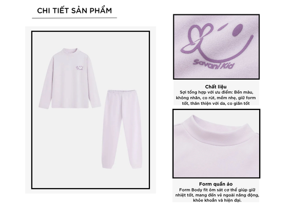 Bộ giữ nhiệt trẻ em cổ cao hình in trước ngực