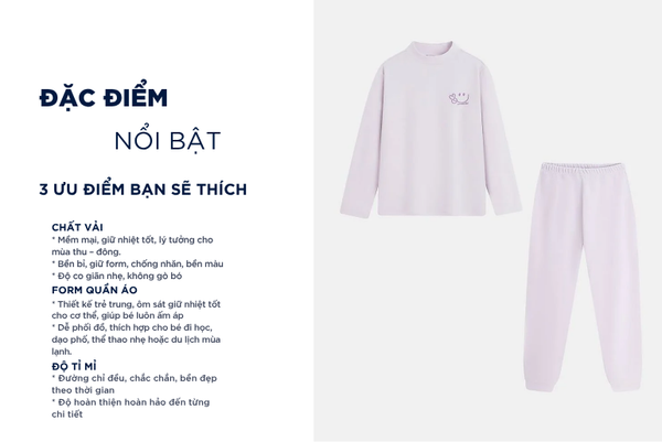Bộ giữ nhiệt trẻ em cổ cao hình in trước ngực