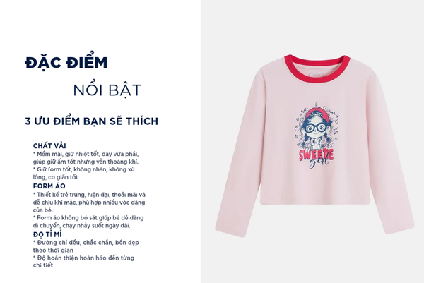 Áo thun dài tay cổ tròn bé gái hình in trước ngực