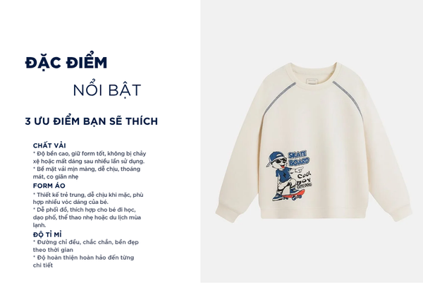 Áo nỉ cổ tròn bé trai hình in trước ngực
