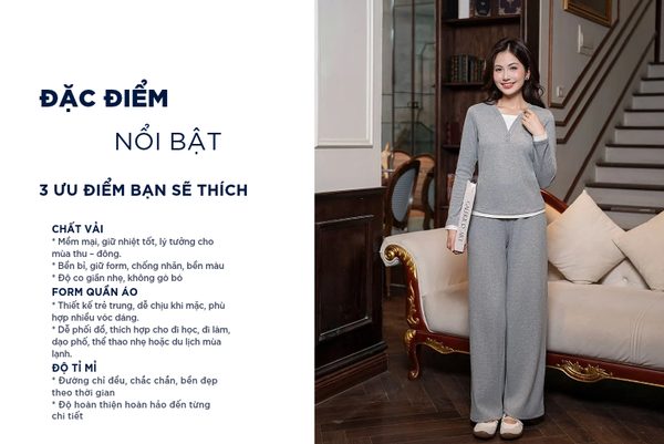 Bộ đồ thu đông nữ cổ V phối vải