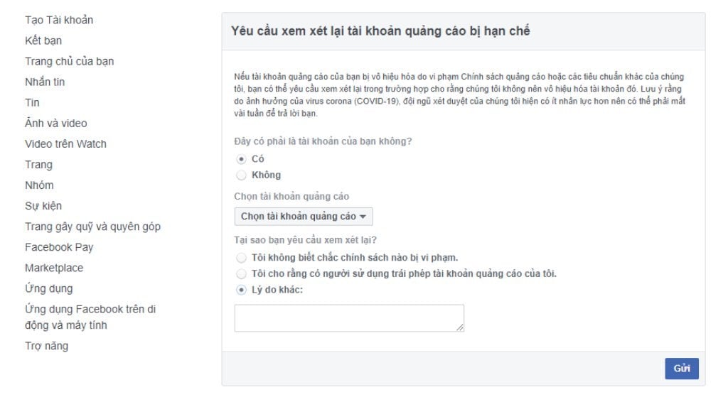 Gửi kháng nghị quảng cáo Facebook