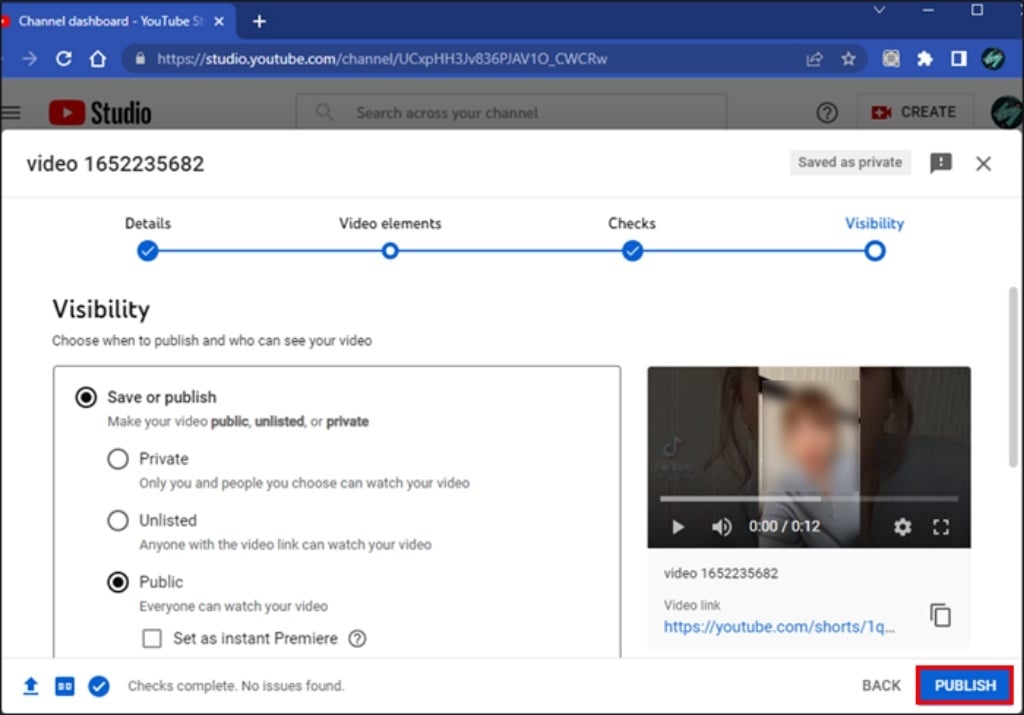 Xuất bản để hoàn tất cách đăng video shorts trên Youtube bằng máy tính
