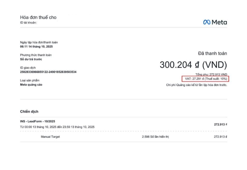 Mẫu hóa đơn Facebook chạy quảng cáo