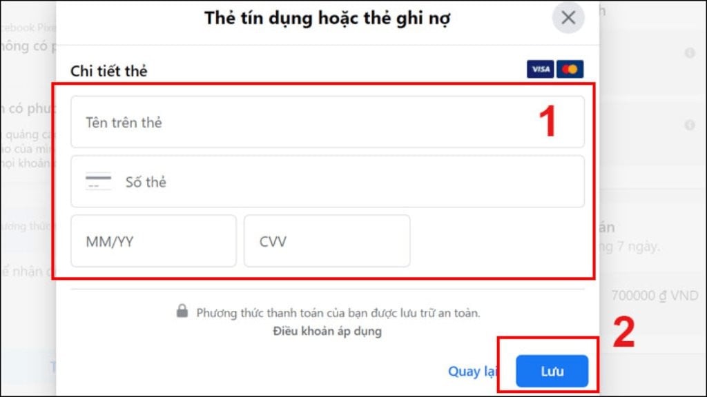 Thêm thẻ thanh toán khi tạo tài khoản quảng cáo