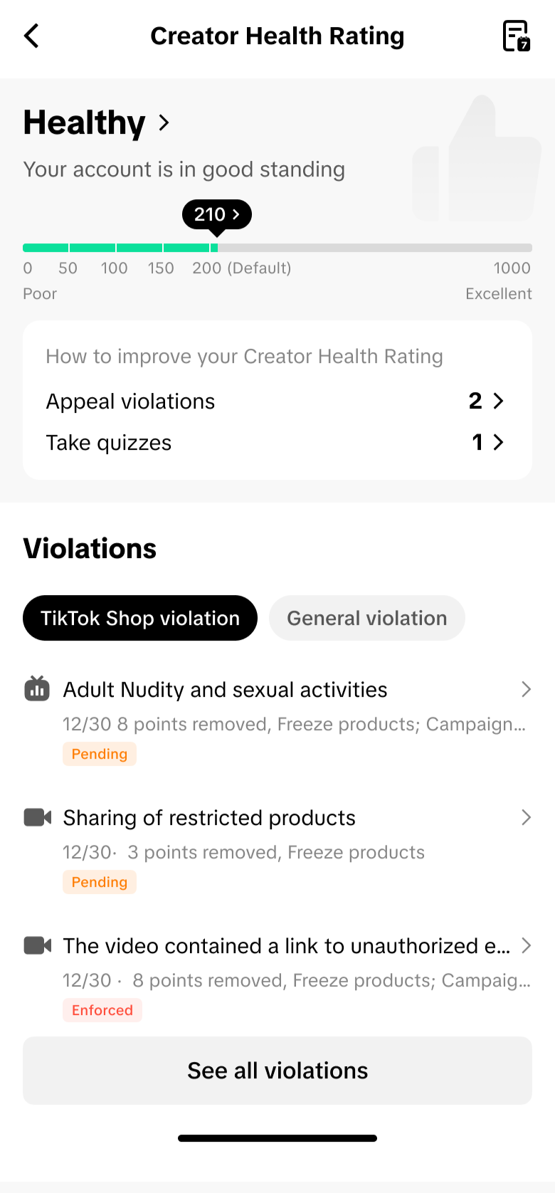 Nguyên tắc tích lũy và tính điểm vi phạm TikTok Shop