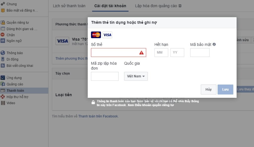 Hướng dẫn cách thêm thẻ Visa chạy quảng cáo Facebook