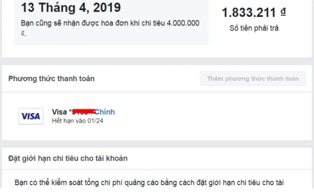 Hệ thống Facebook trừ tiền vào thẻ Visa chạy quảng cáo