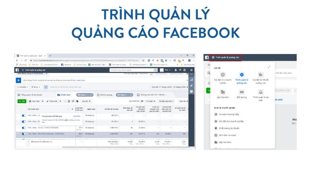 Giao diện trình quản lý quảng cáo Facebook trên máy tính