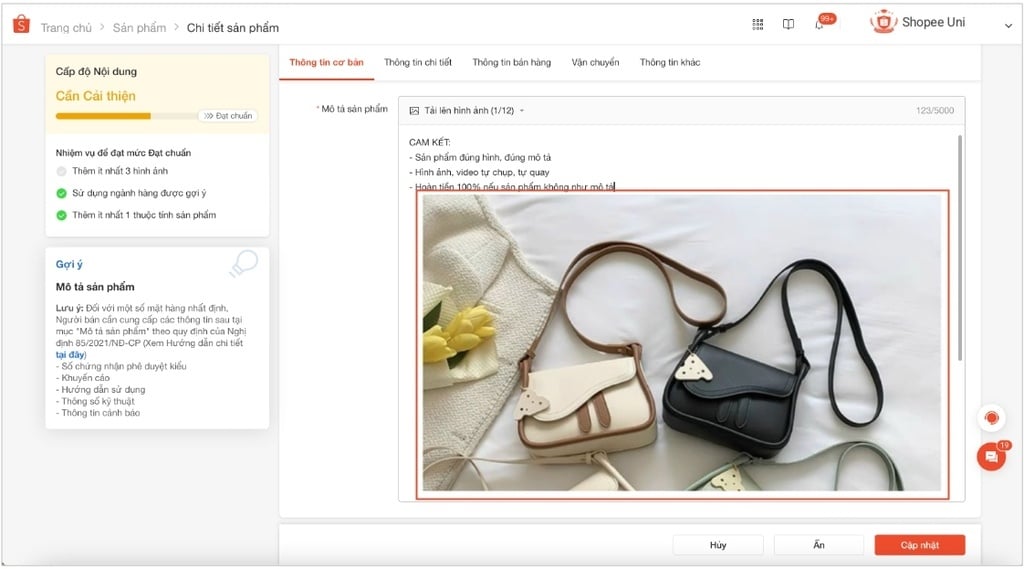 Mô tả sản phẩm khi chọn Shopee bán hàng app