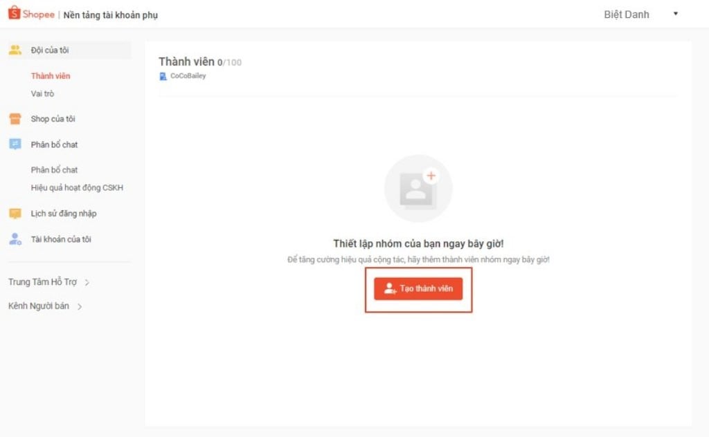 Giao diện đăng nhập tài khoản phụ Shopee cho nhân viên vận hành