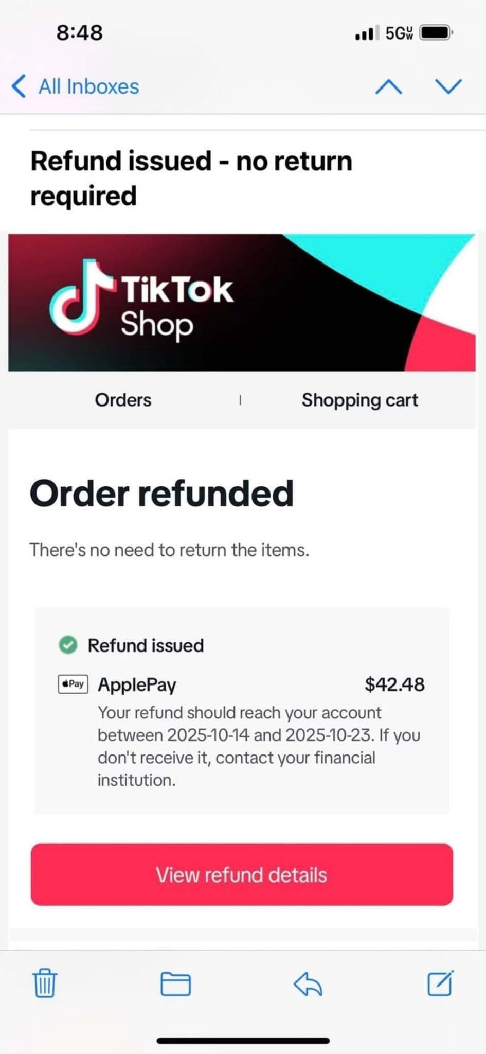 Thời gian tiền được hoàn về TikTok Shop Balance