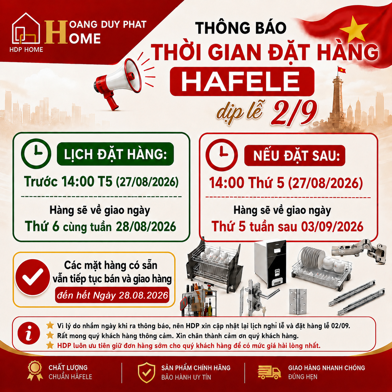📣 **THÔNG BÁO LỊCH ĐẶT HÀNG HÄFELE & NGHỈ LỄ QUỐC KHÁNH 2/9** 🇻🇳✨