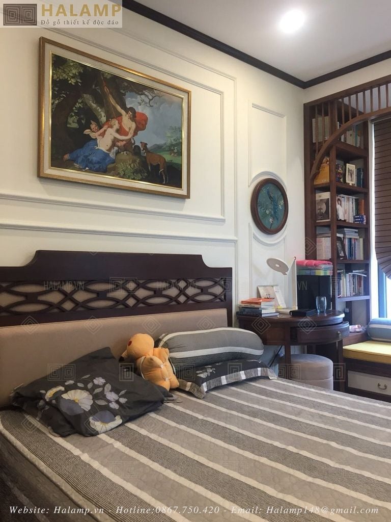 Giường ngủ phòng master gỗ Sồi sơn màu nâu Gụ