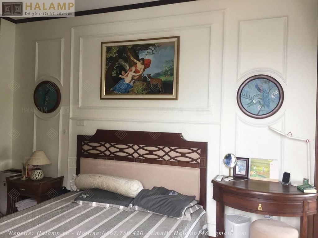 Giường ngủ phòng master gỗ Sồi sơn màu nâu Gụ