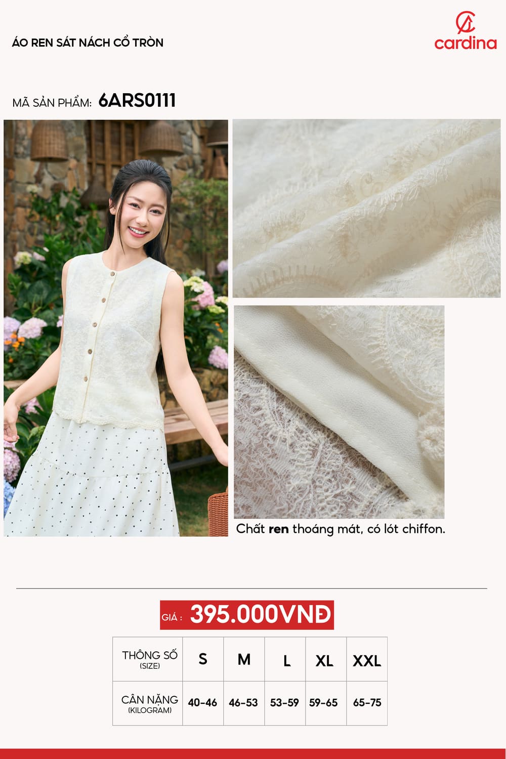 Áo ren sát nách cổ tròn phối lót Chiffon cao cấp
