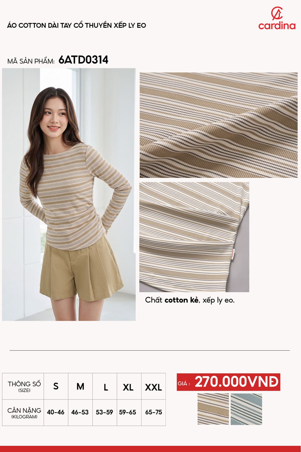 Áo cotton dài tay cổ thuyền xếp ly eo