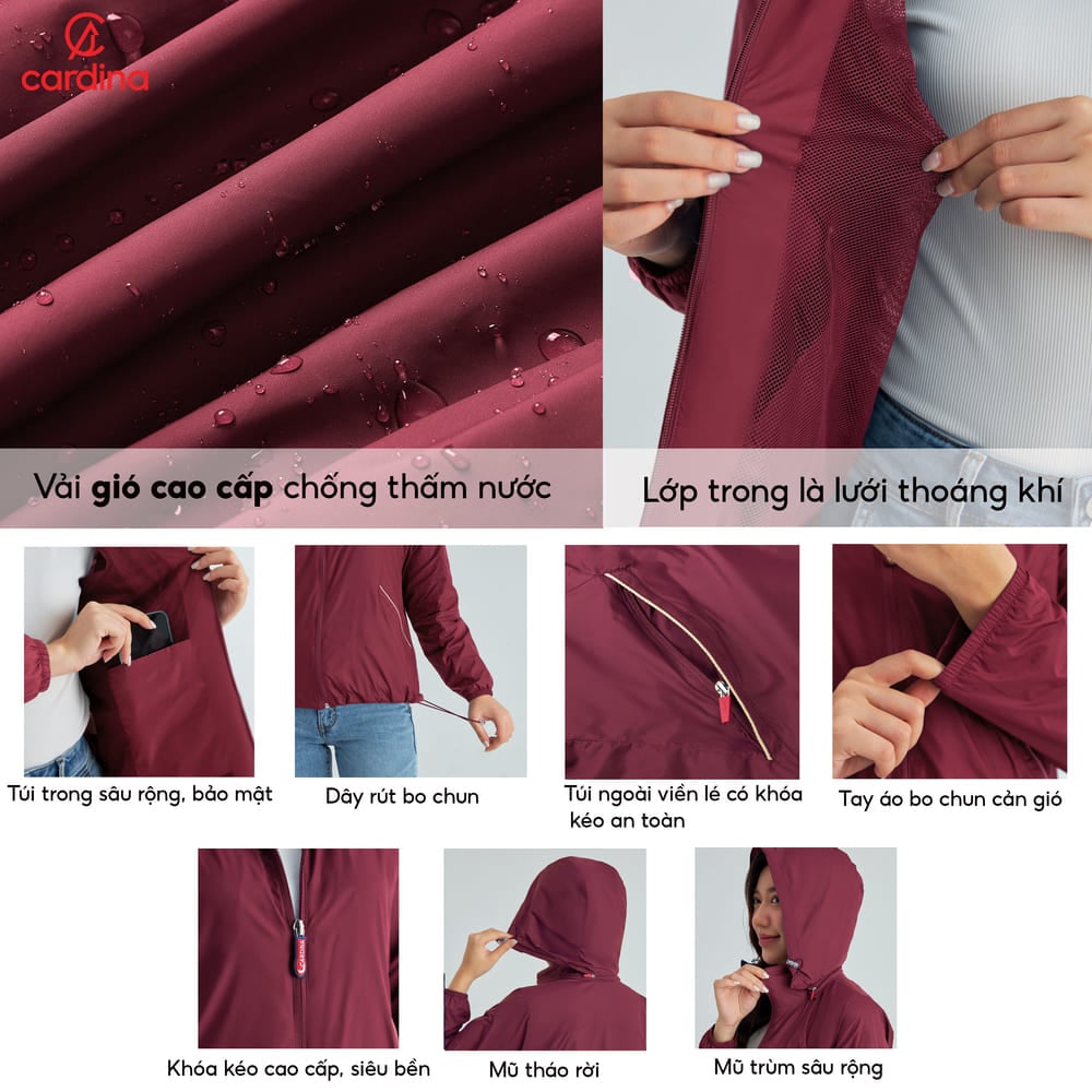 Áo gió nữ Cardina dòng Thể thao vải gió cao cấp chống thấm nước dáng có mũ