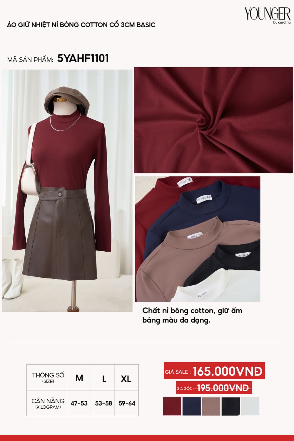 Áo giữ nhiệt nữ nỉ bông cotton dáng cổ 3cm basic