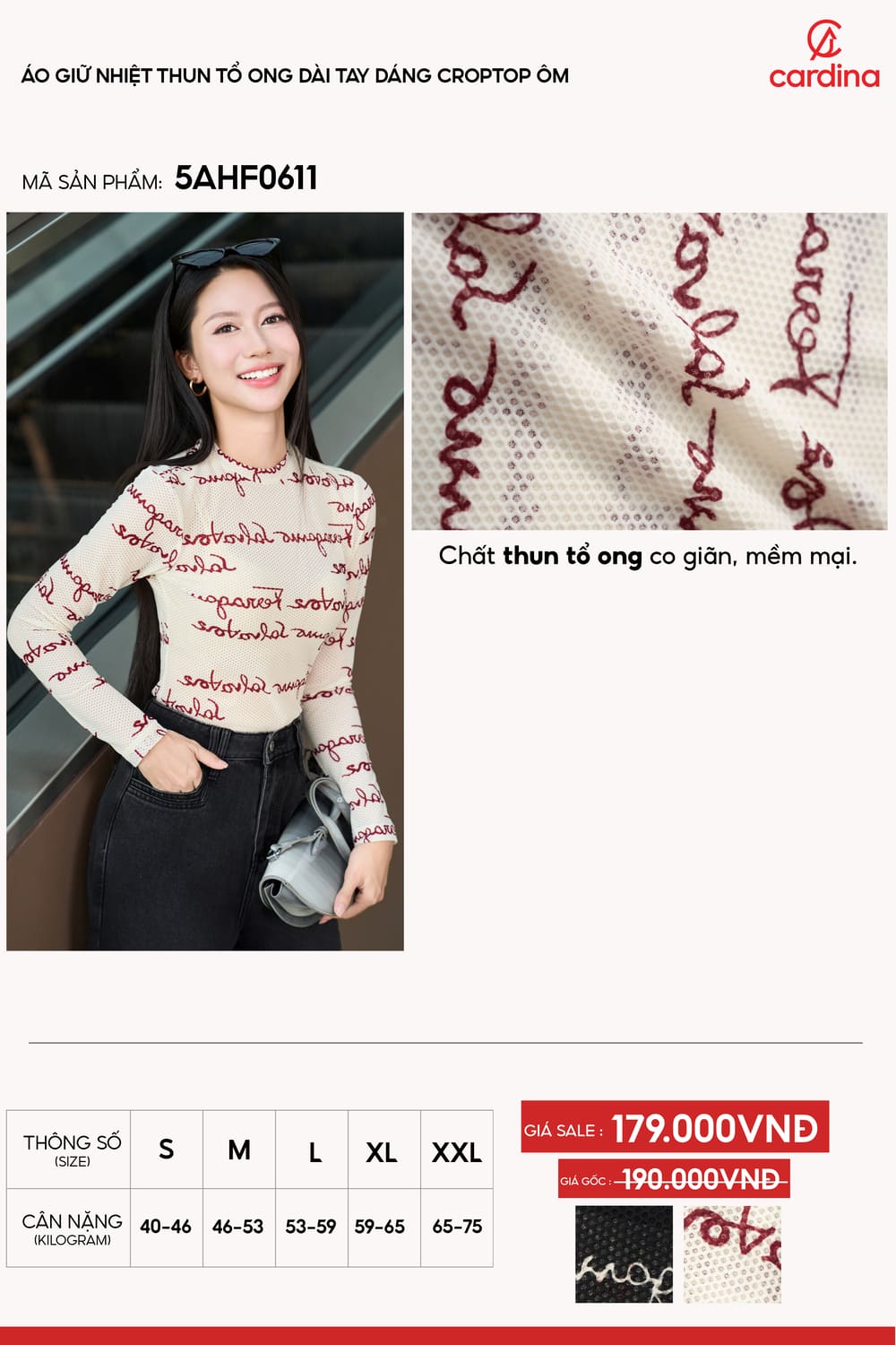 Áo giữ nhiệt nữ Cardina vải thun tổ ong dài tay dáng croptop ôm