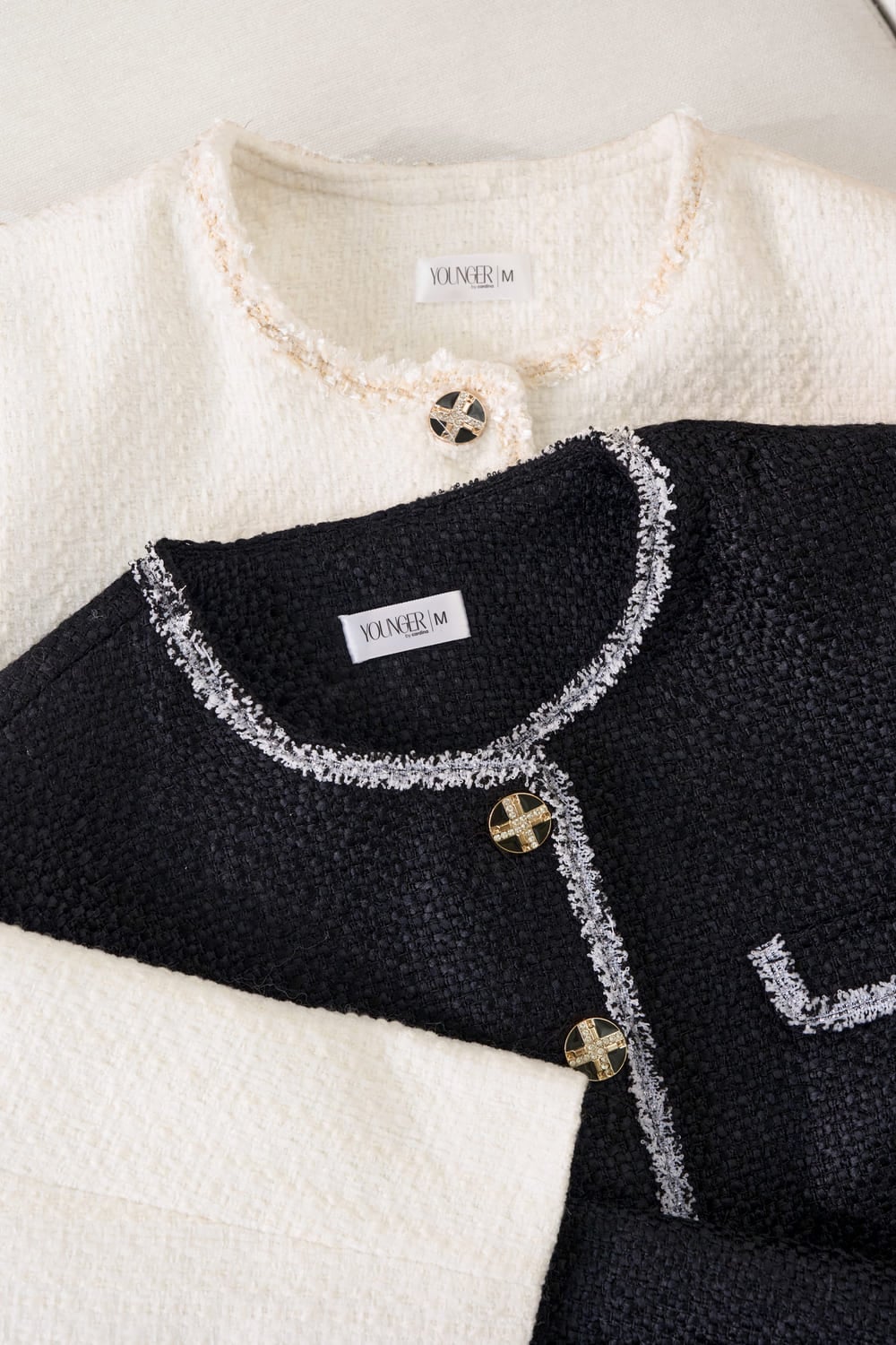 Áo khoác nữ Younger vải dạ tweed dáng ngắn cổ tròn phối viền