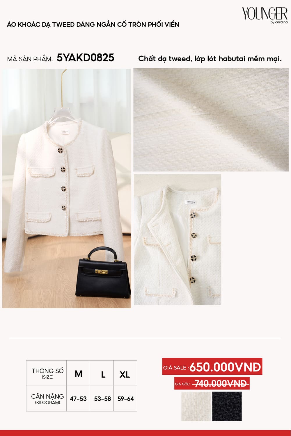 Áo khoác nữ Younger vải dạ tweed dáng ngắn cổ tròn phối viền