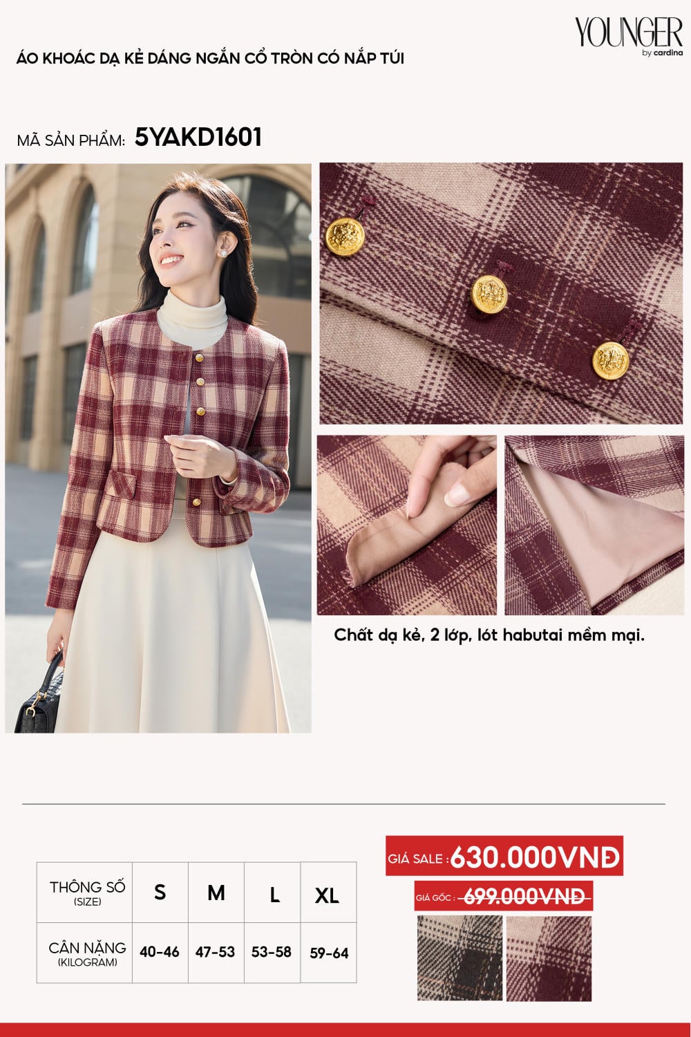 Áo khoác dạ vải kẻ dáng ngắn cổ tròn có nắp túi