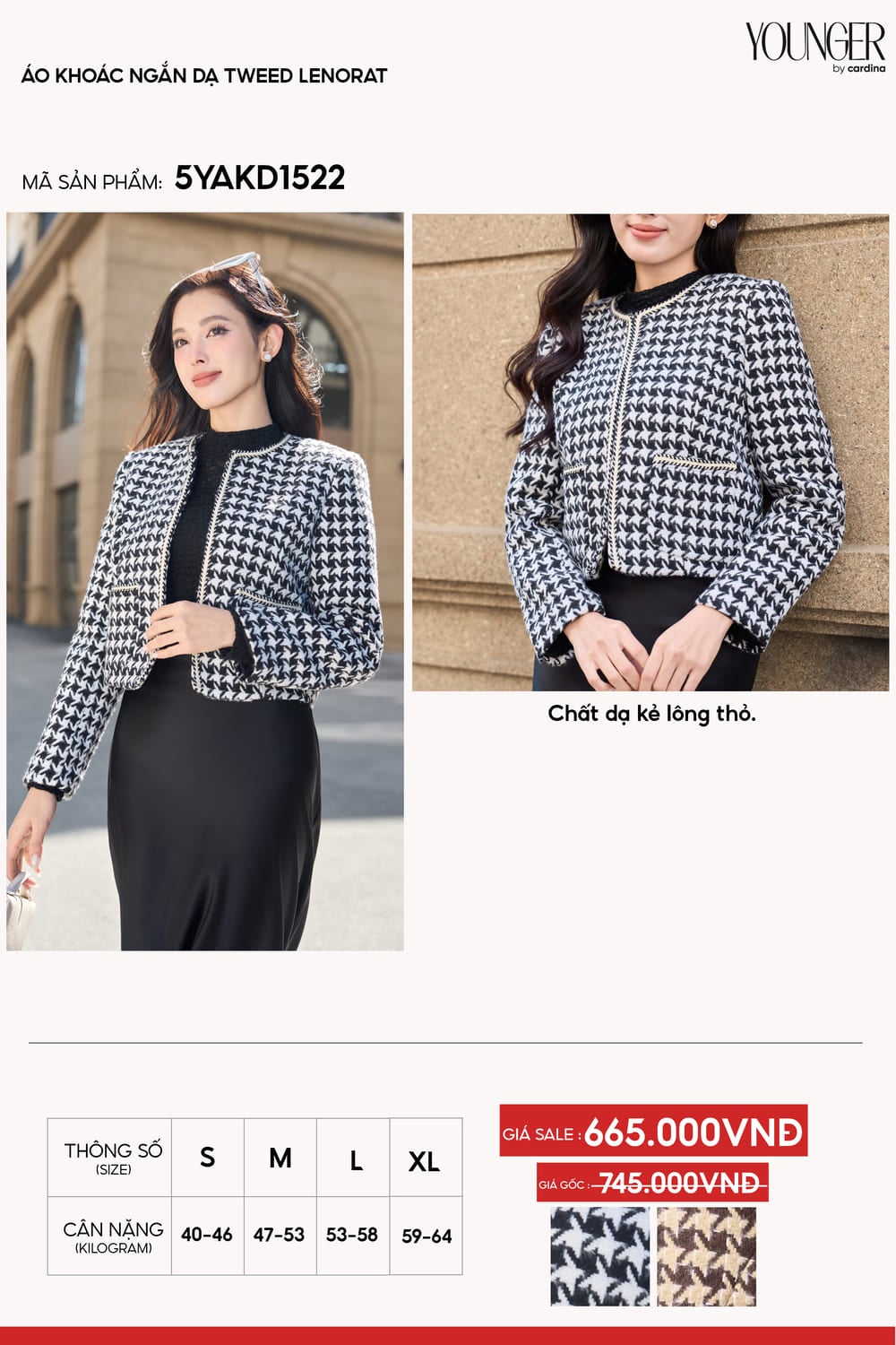 Áo khoác dạ kẻ lông thỏ nữ dáng ngắn họa tiết Lenorat