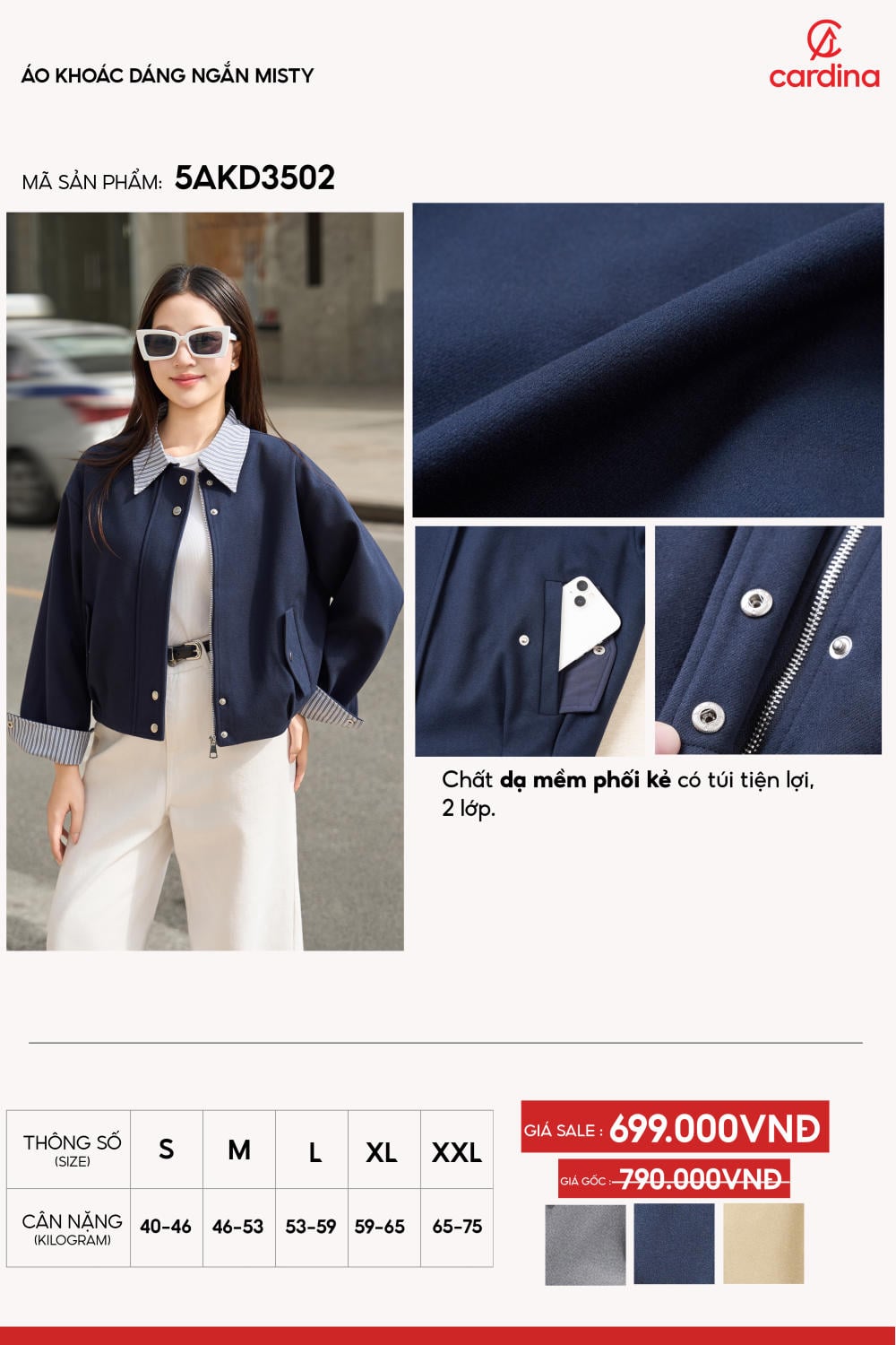 Áo khoác dạ mềm dáng ngắn phối cổ sơ mi kẻ thanh lịch