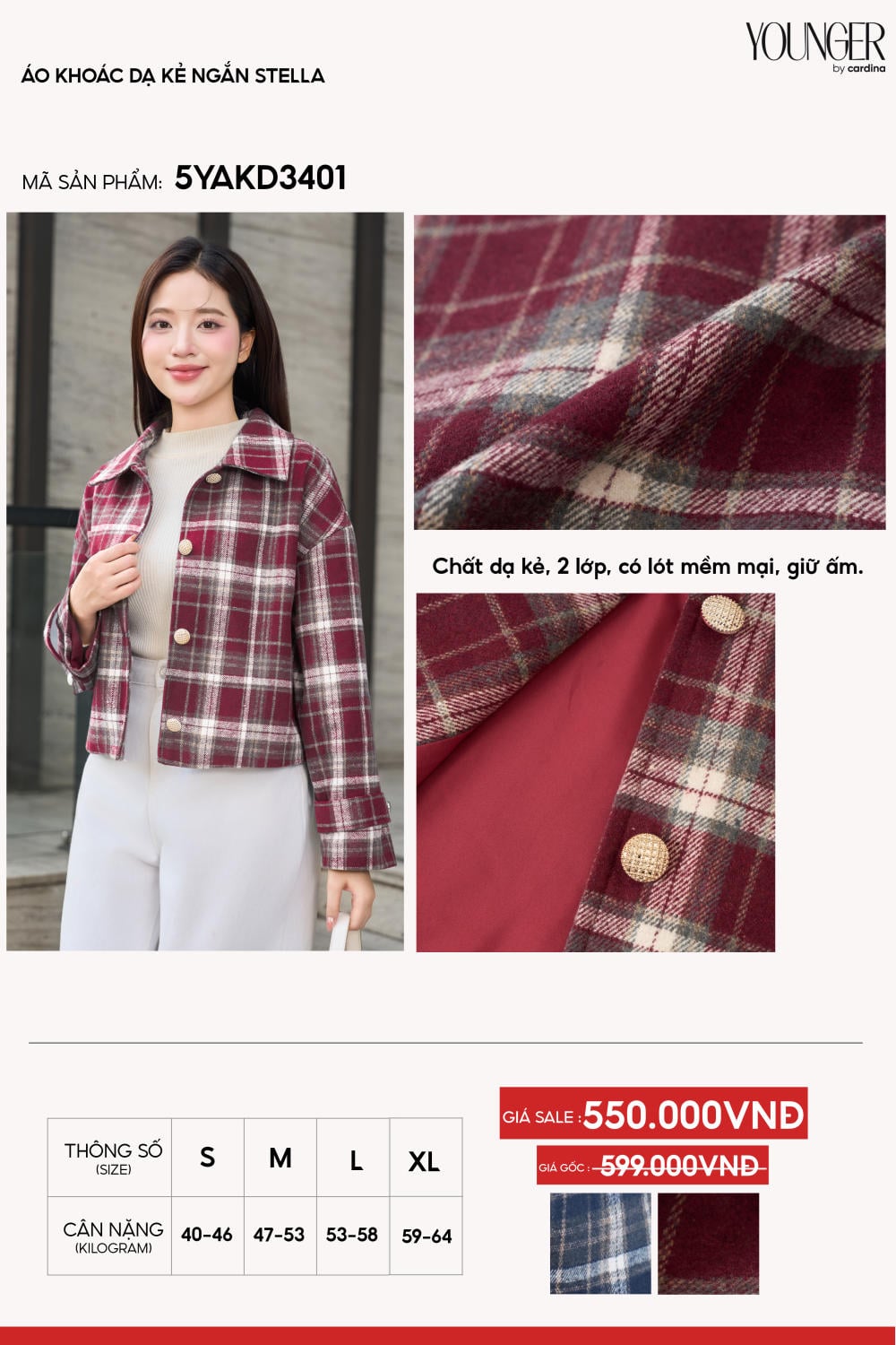 Áo khoác nữ dạ kẻ 2 lớp dáng ngắn Stella