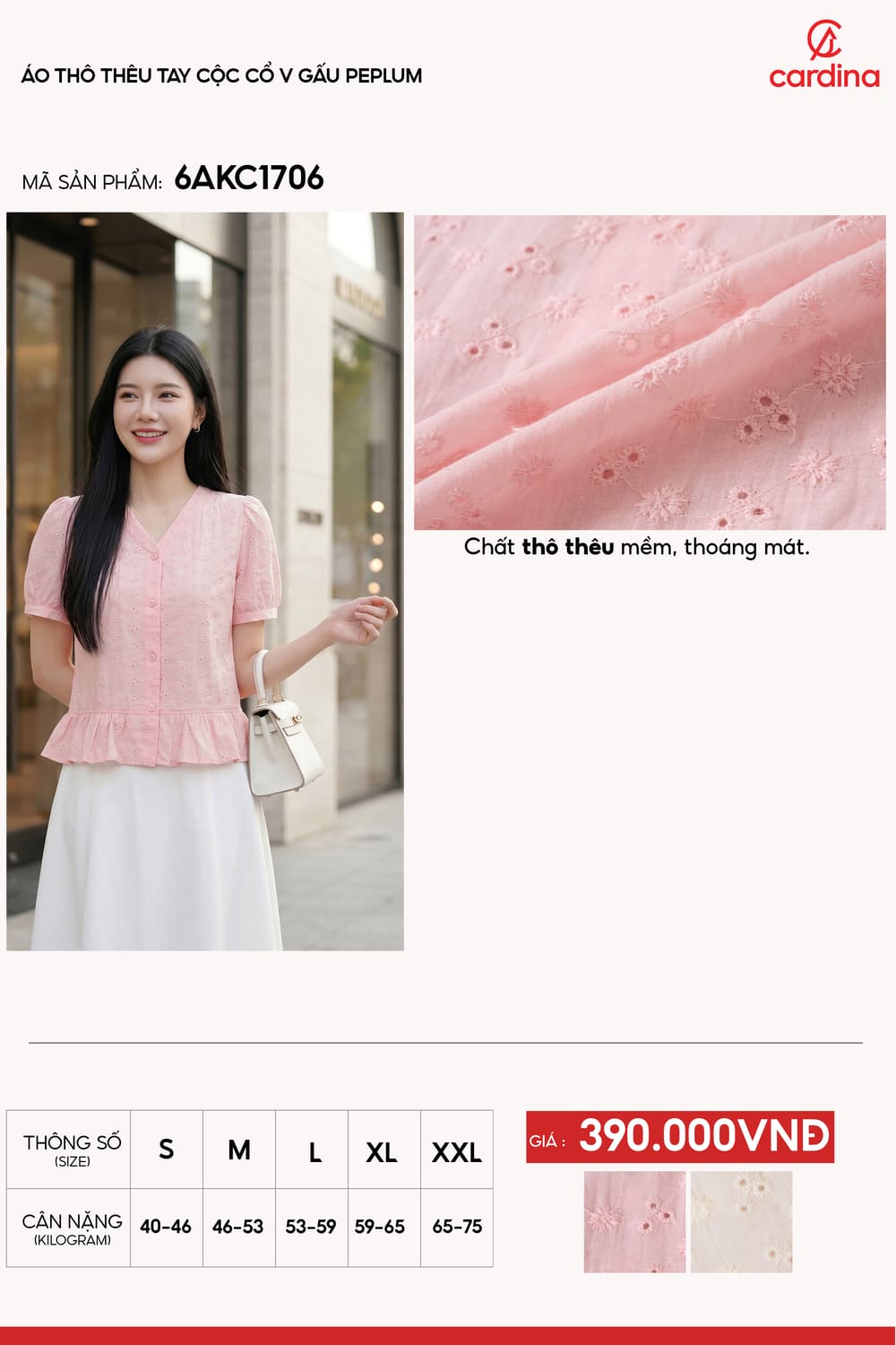 Áo thô thêu tay cộc cổ V gấu Peplum