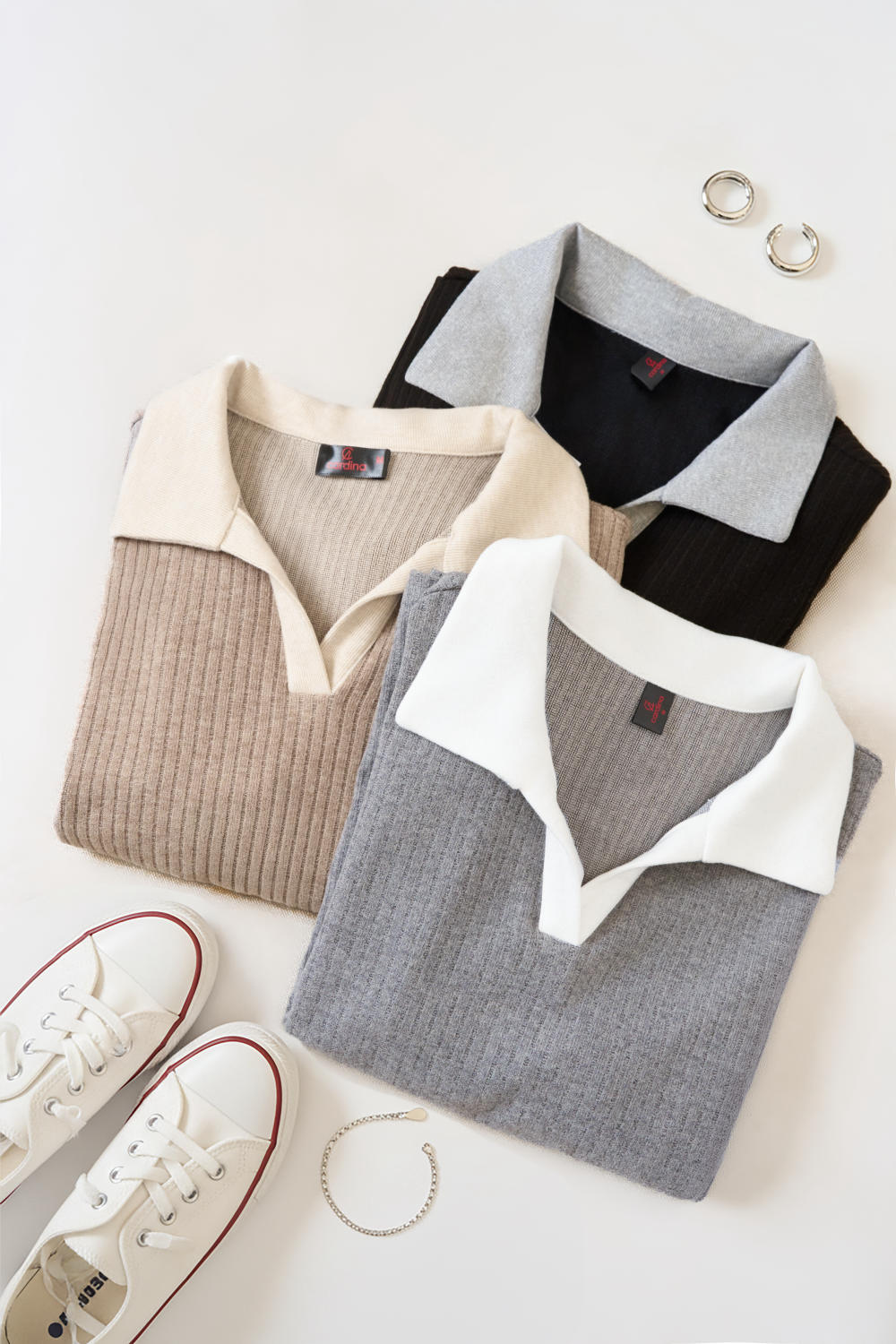 Áo nỉ nữ lót lông cừu dáng cổ bẻ chữ V kẻ tăm