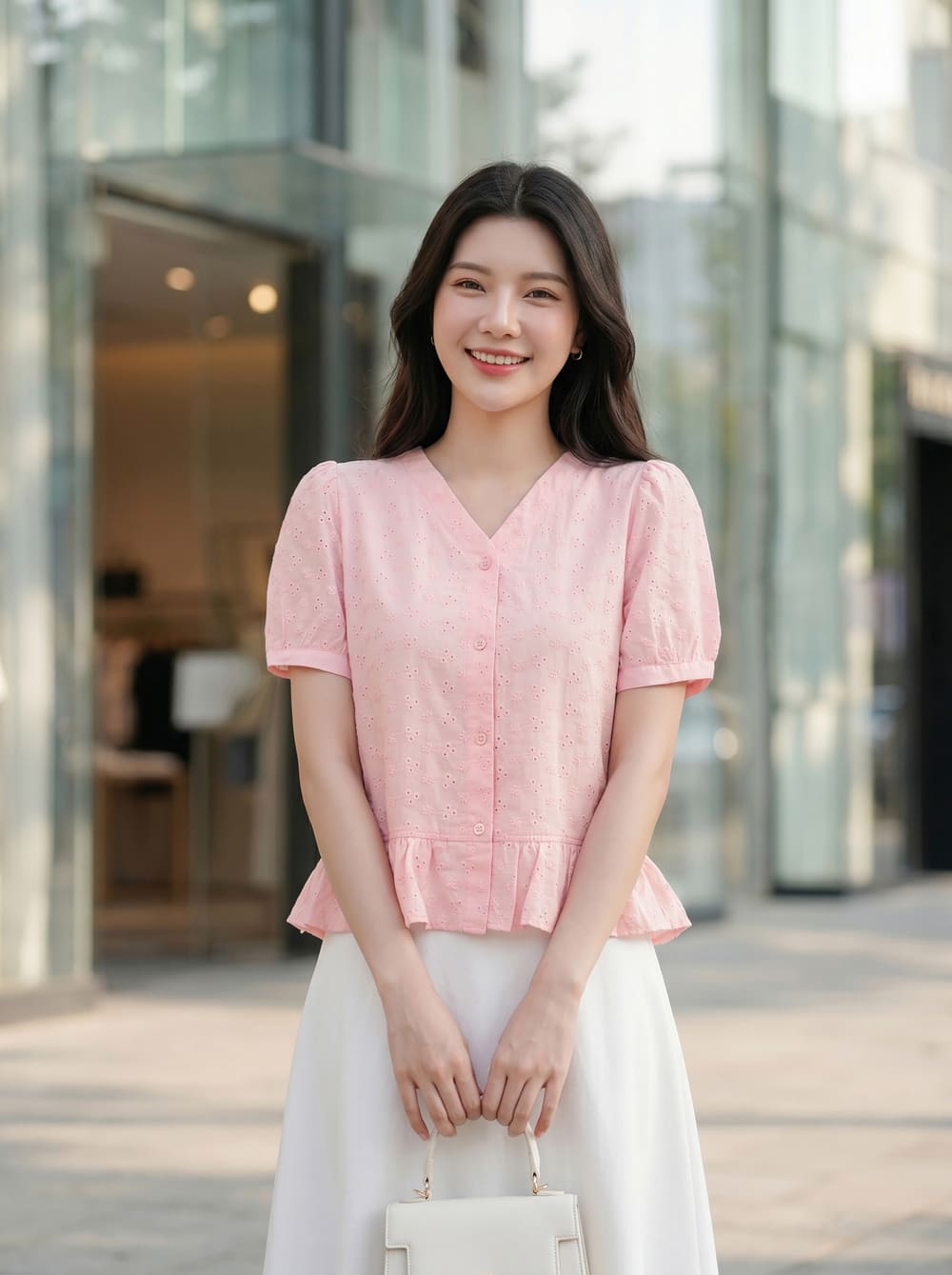 Áo thô thêu tay cộc cổ V gấu Peplum