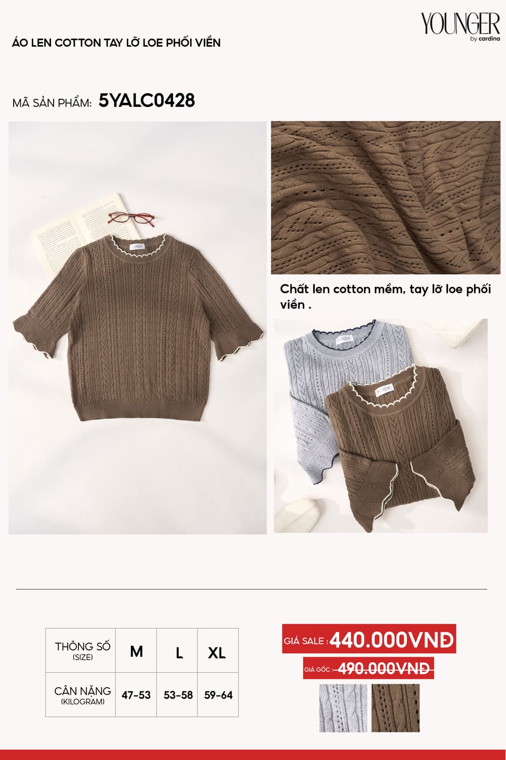 Áo len nữ Cardina cotton tay lỡ loe phối viền