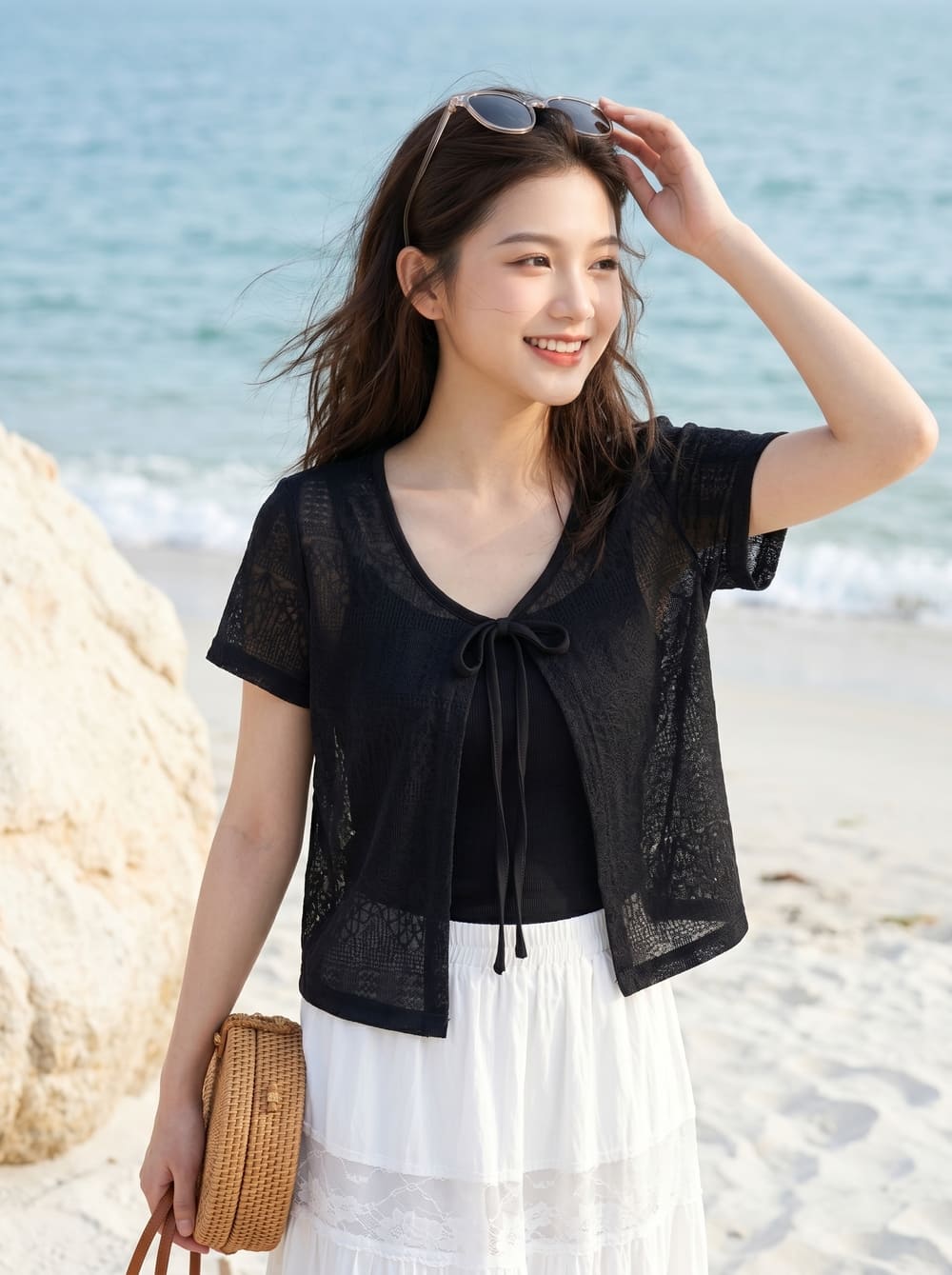 Áo kiểu tay cộc cổ tròn buộc dây