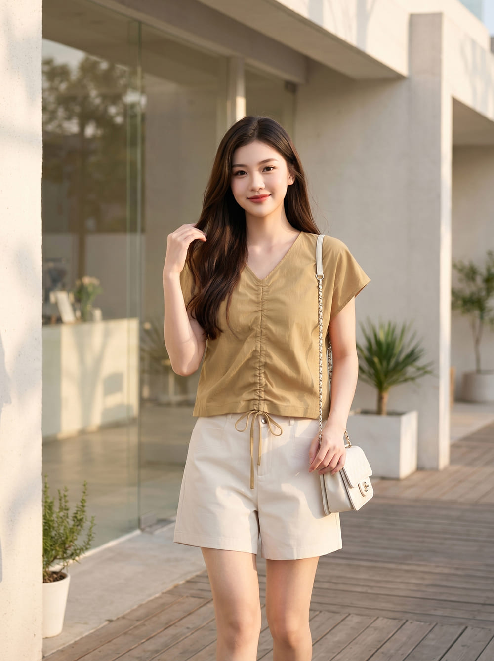 Áo kiểu thô gió cổ V rút dây