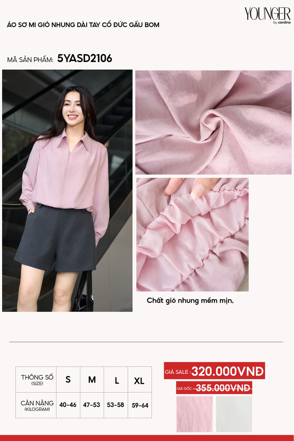 Áo sơ mi nữ Younger dòng Trẻ trung vải gió nhung dáng cổ đức dài tay gấu bo