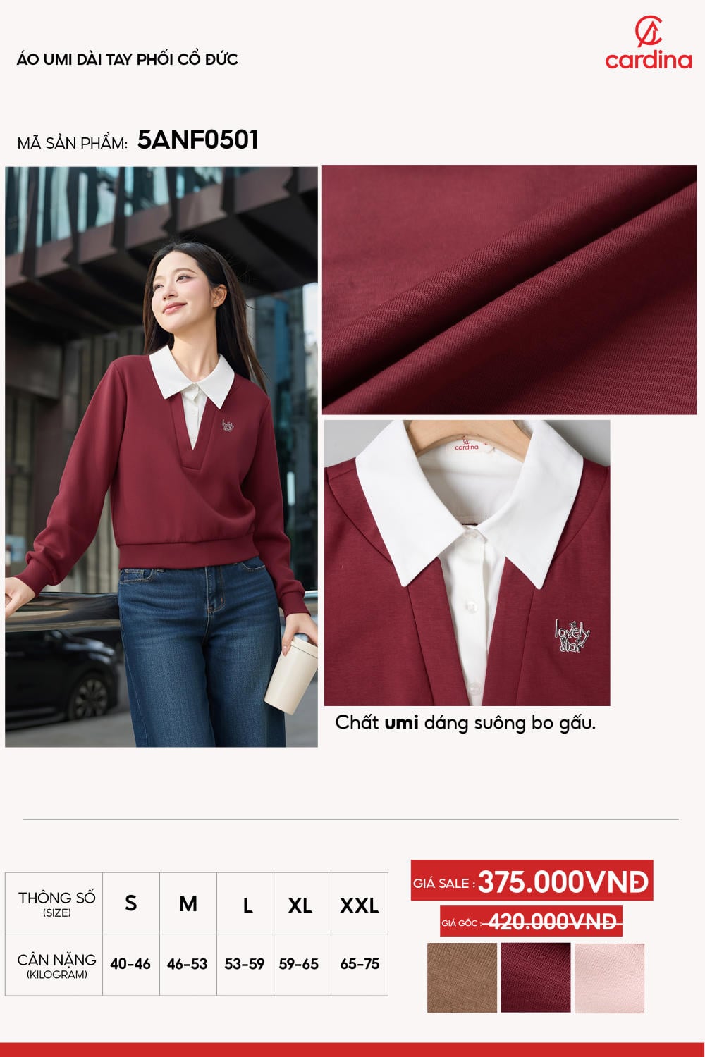 Áo Umi dài tay dáng suông phối cổ đức thanh lịch