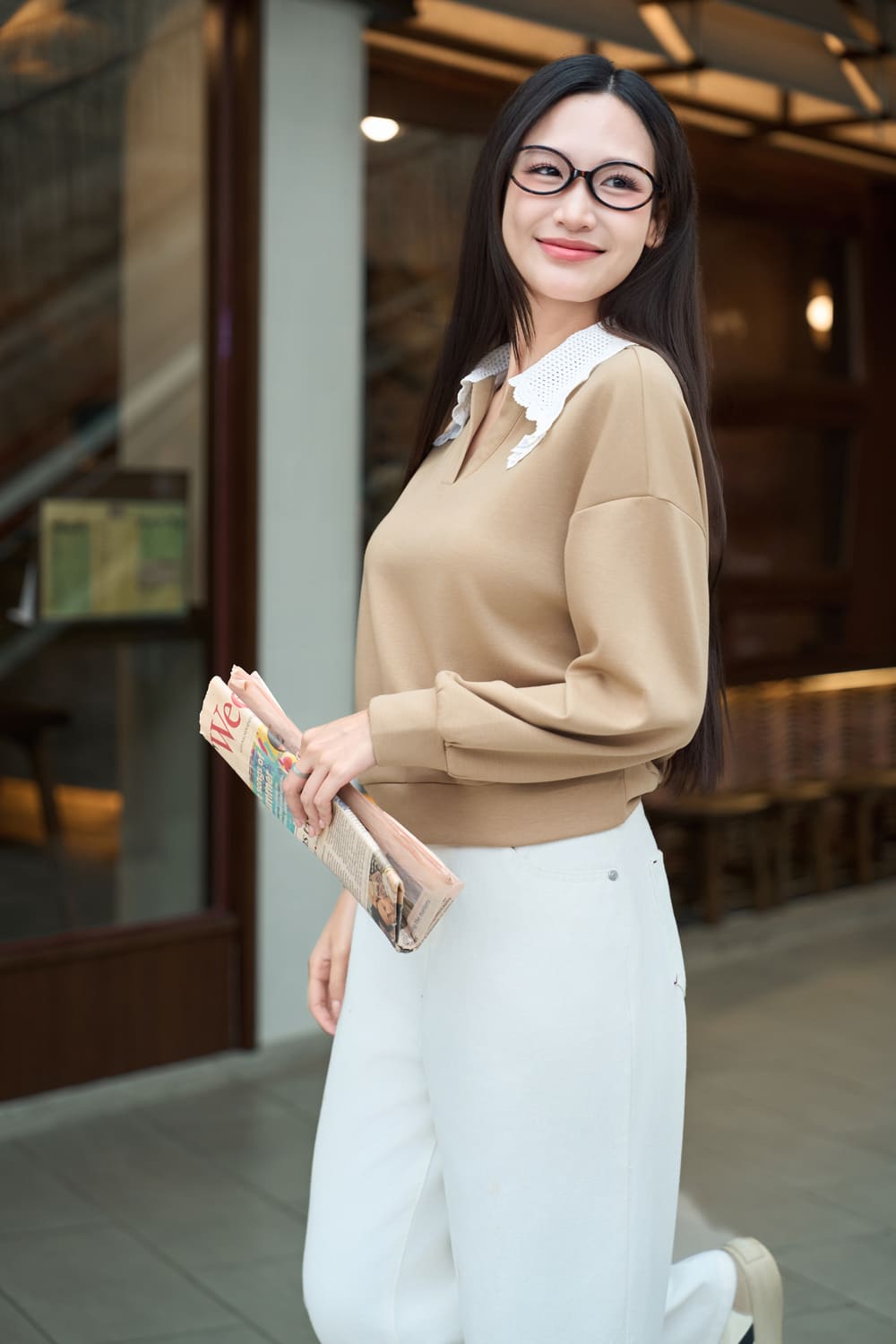 Áo kiểu nữ Cardina vải umi dáng suông bo gấu phối cổ ren